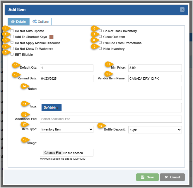 Image displaying the Options tab of the Add Item window of the Bottle POS Admin.