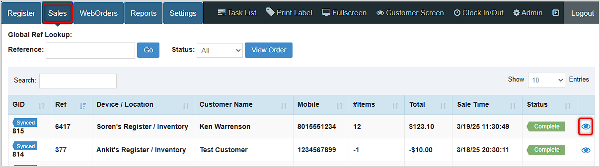 Image showing the Sales area of the Bottle POS where you can find the transaction you want and click the Eye Icon to view details and add notes.