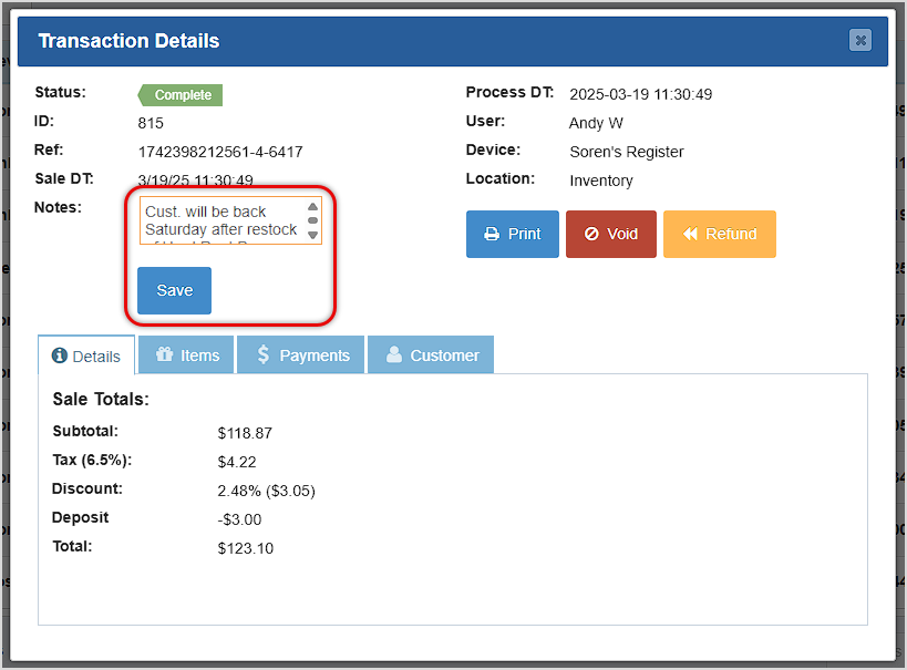 Image of the Transaction Details window from the Bottle POS showing the Notes area and Save button for notes.