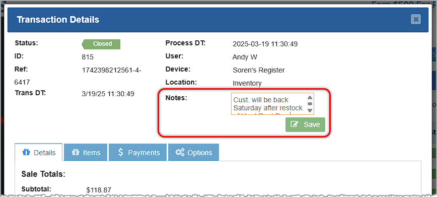Image of the Admin Transaction Details window highlighting the Notes area and Save button for notes.
