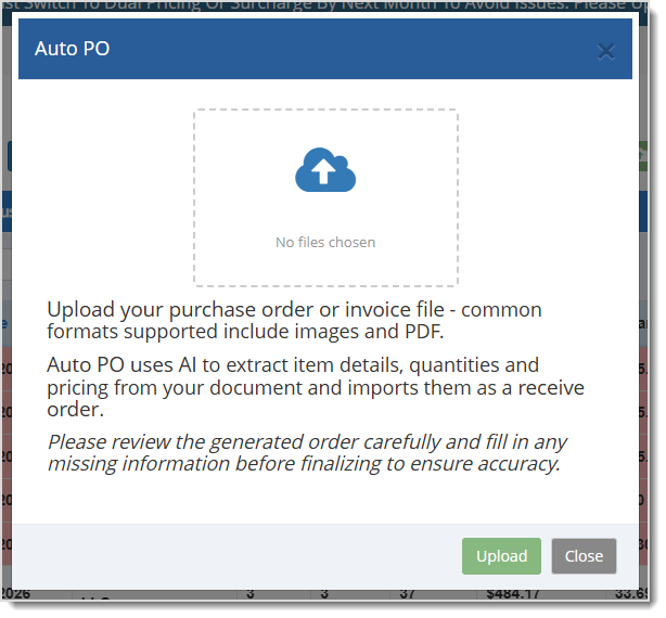 Image showing the Auto PO window of the Receive page of the Bottle POS Items area.