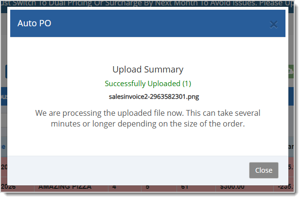 Image showing the successfully uploaded file in the Auto PO tool of the Bottle POS system.