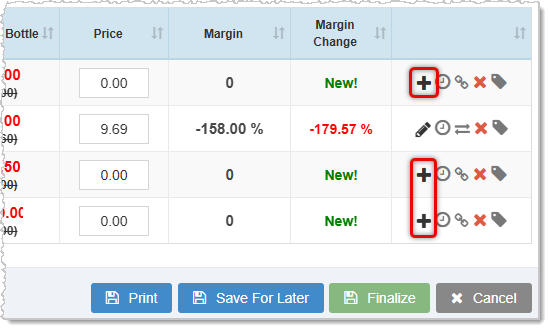 Image showing the + icons for items in a Receive invoice that allow the new item to be saved in the Bottle POS system.