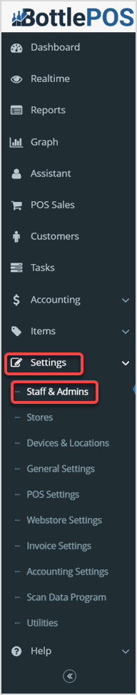 Image displaying the Settings tab and the Staff & Admins subtab of the Bottle POS Admin appâs main menu.