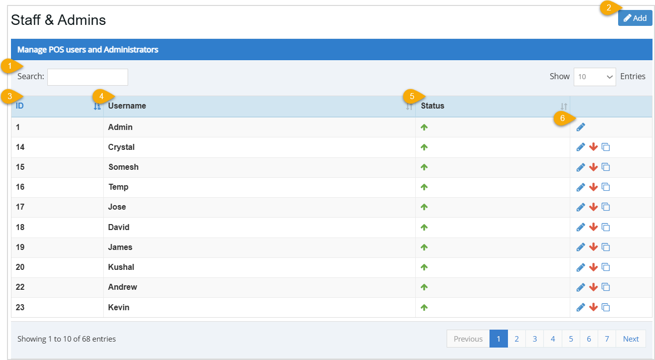 Image displaying the Staff & Admins page of the Bottle POS Admin app.