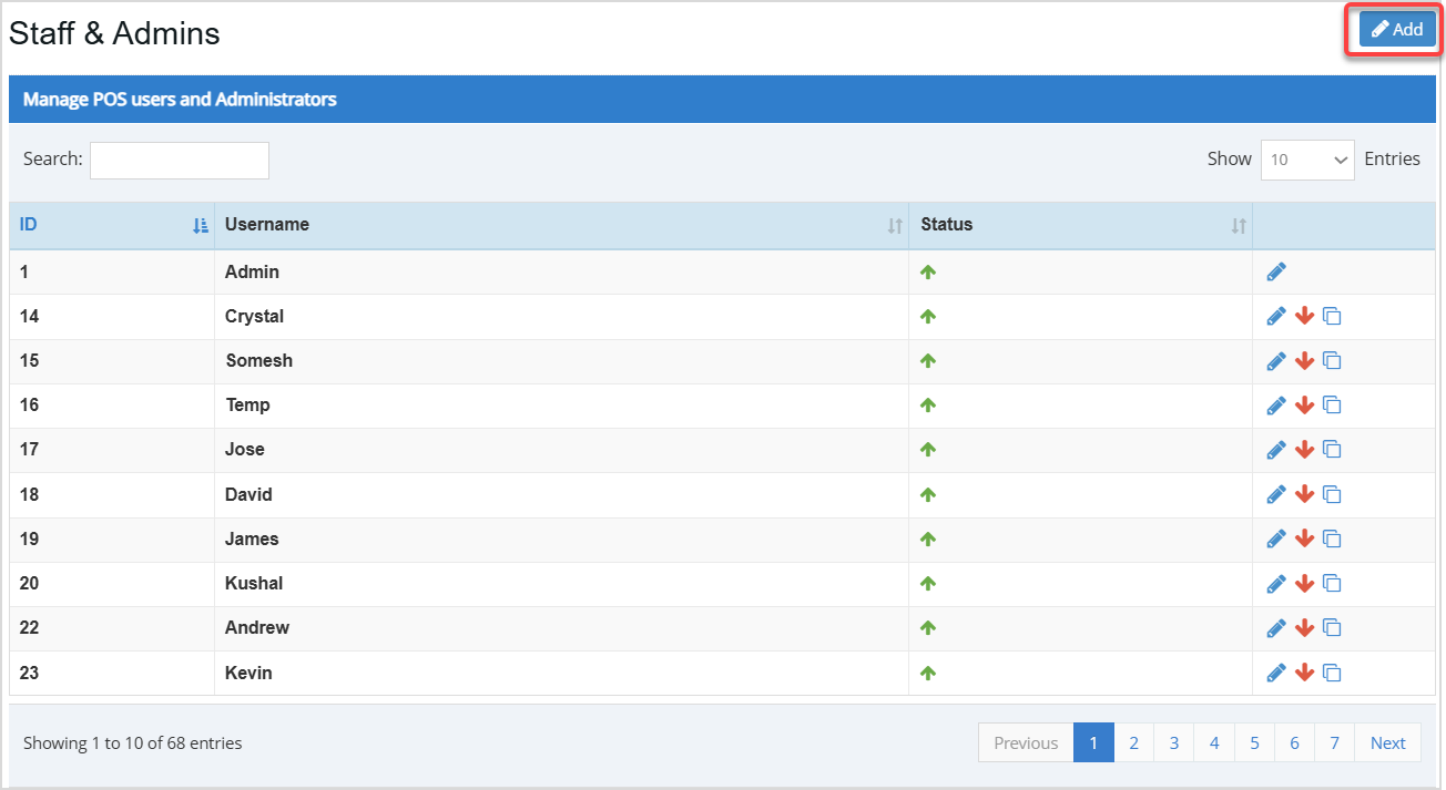 Image displaying the Staff & Admins page of the Bottle POS Admin, highlighting the Add button.