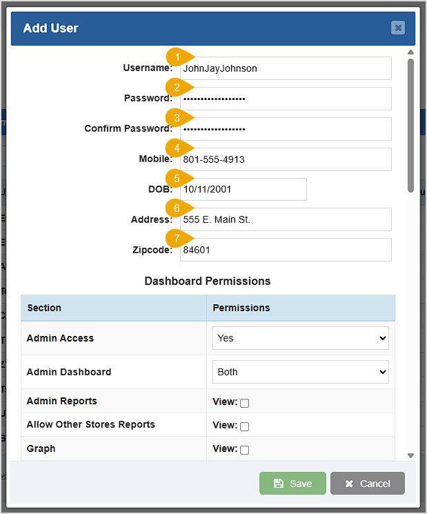 Image displaying the Add User window of the Bottle POS Admin, highlighting the first section of functions.