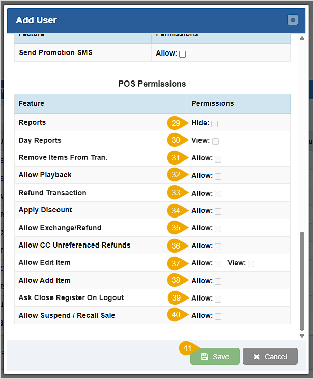 Image displaying the POS Permissions section of the Add User window in the Bottle POS Admin app.