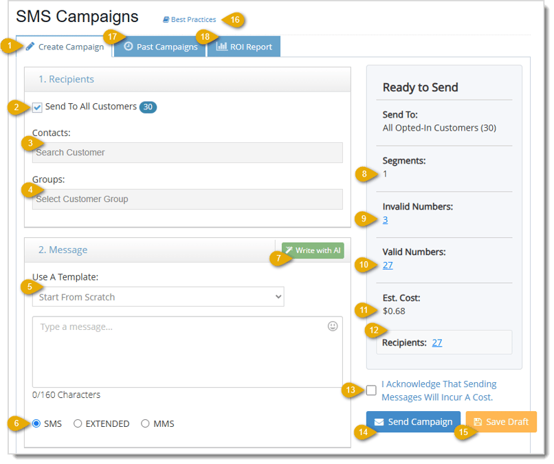 Image of the SMS Campaigns page in the Bottle POS Admin with key features highlighted.