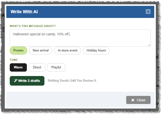 Image showing the Write With AI window of the SMS Campaigns page of the Bottle POS system admin.