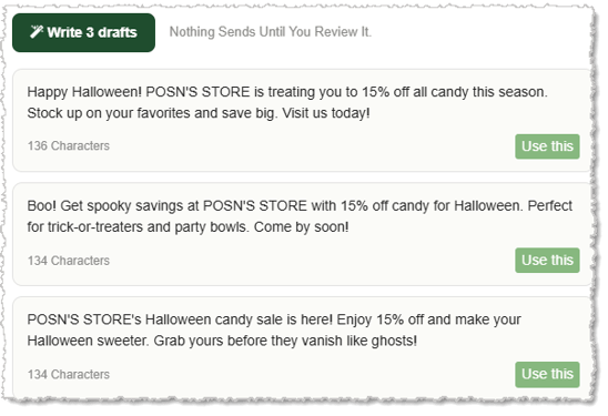 Image showing example AI message draft options from the SMS Campaigns page of the Bottle POS system admin.