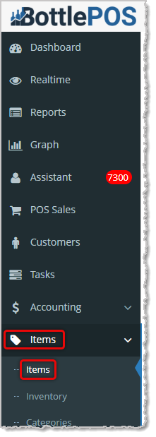 Image showing the Items area of the may Bottle POS system menu with Items highlighted.