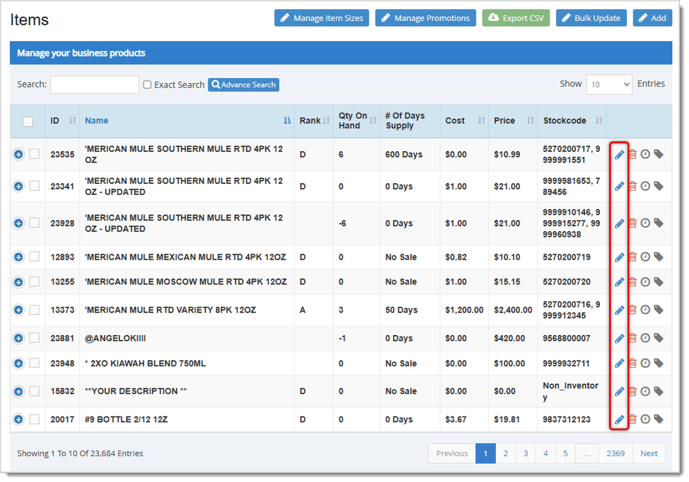 Image showing the items page of the Bottle POS system with the Edit Item pencil icons highlighted.