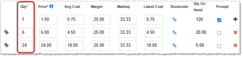 Image showing the Quantities area of an Edit Item window of the Bottle POS system, with the Quantity column highlighted.