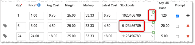Image showing quantity stockcode entry methods in the Quantities area of the Edit Item window of the Bottle POS system.