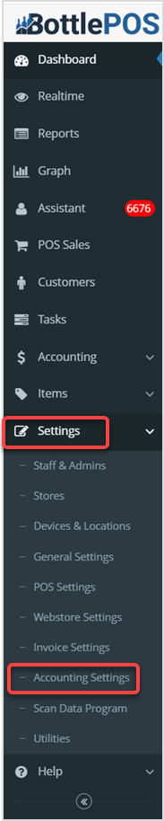 Image displaying the Settings tab and the Accounting Settings subtab of the Bottle POS Admin app's main menu.