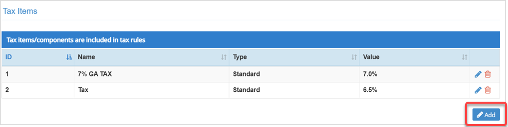 Image showing the Tax Items section of the Accounting Settings page of the Bottle POS Admin app.