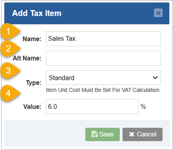 Image showing the Add Tax Item window of the Bottle POS Admin app.