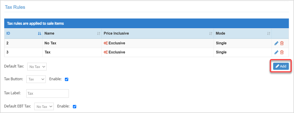 Image displaying the Tax Rules section of the Accounting Settings page of the Bottle POS Admin app.