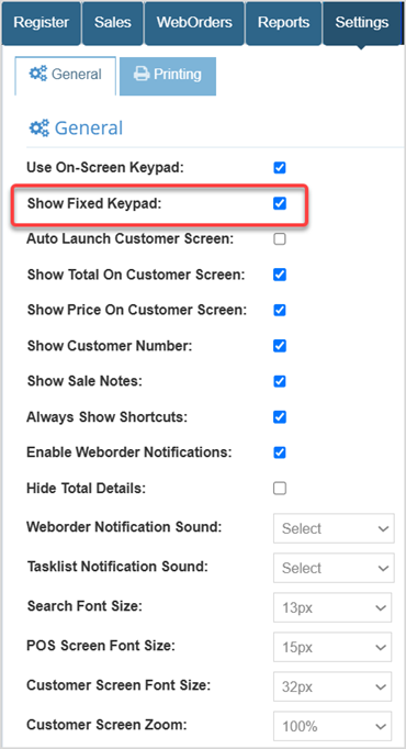 Image displaying the Show Fixed Keypad checkbox on the General Settings page of the Bottle POS app.