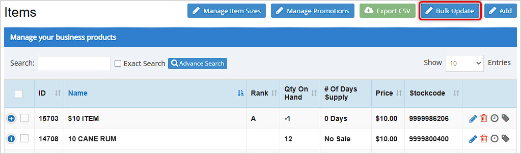 Image showing the Items page of the BottlePOS Admin with the Bulk Update button highlighted.