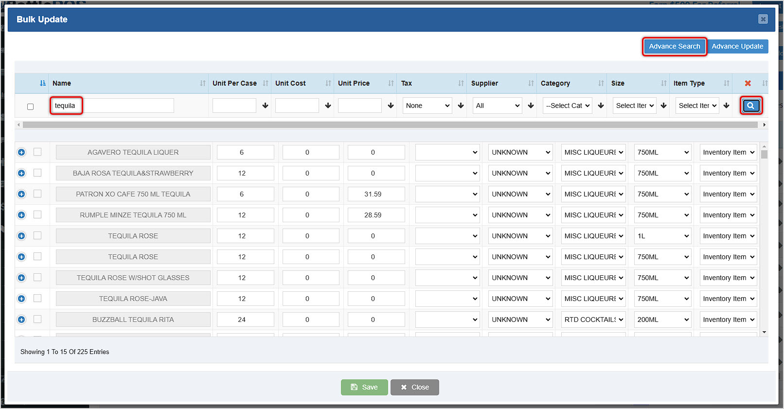 Image showing the Bulk Update window of the BottlePOS Admin with search features highlighted.