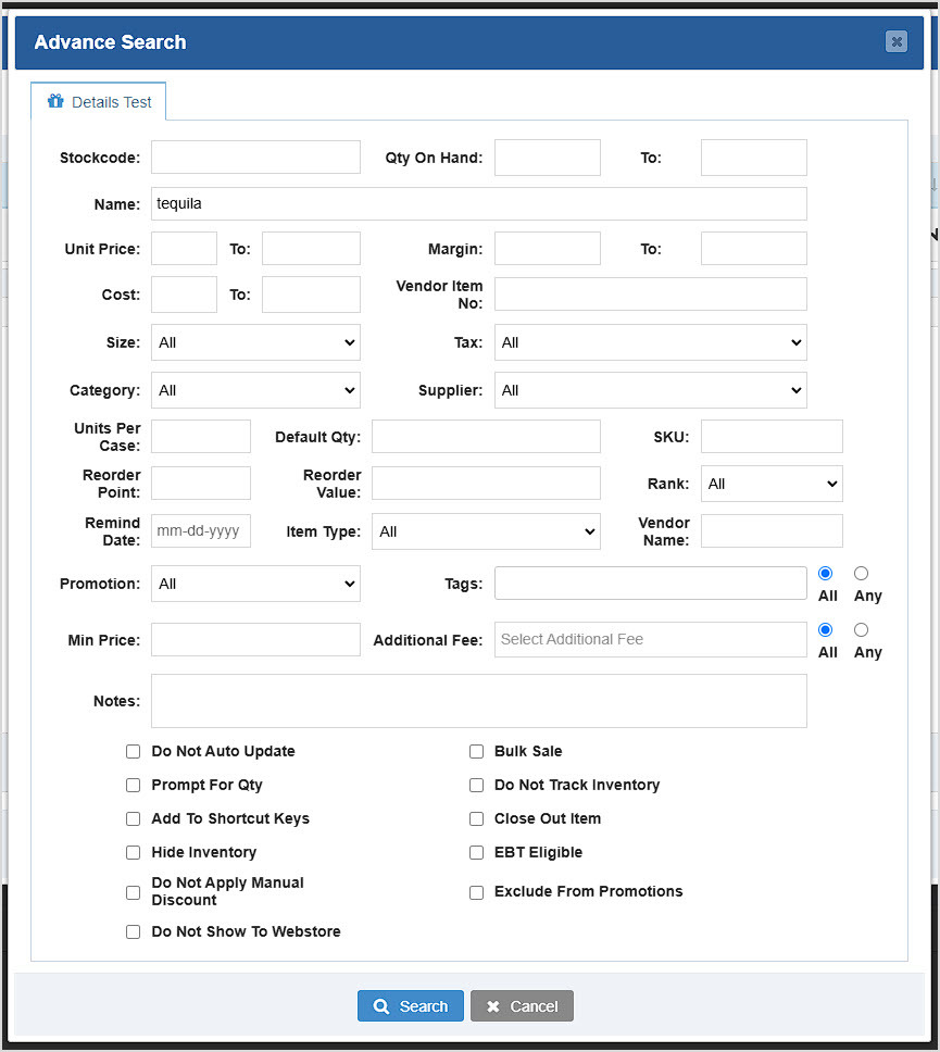 Image showing the Advance Search window of the BottlePOS Admin Bulk Update area.