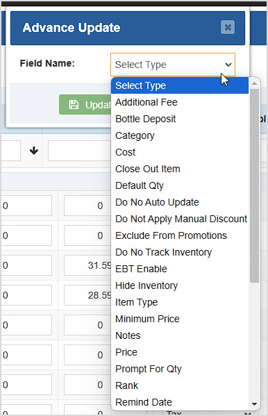Image showing the Advance Update window of the Bulk Updater of the BottlePOS Admin.