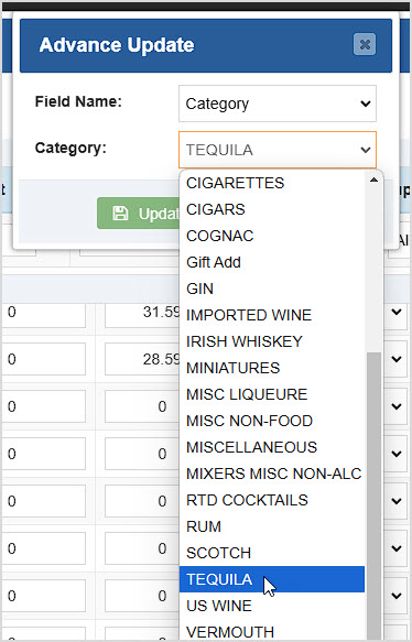 Image showing the Advance Update window of the Bulk Updater of the BottlePOS Admin.