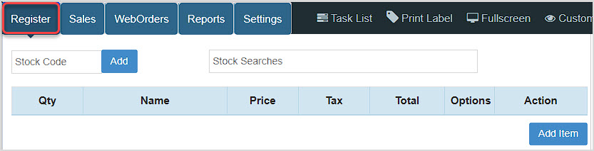 Image showing the Bottle POS Register app with the Register tab in the upper left highlighted.