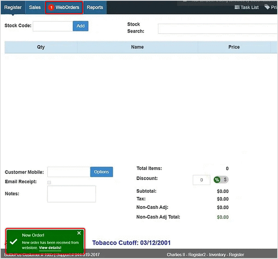 Image showing the Bottle POS Register with web order alerts highlighted on the page.
