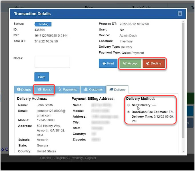 Image showing the Delivery and Items tabs of the Transaction Details window of the Bottle POS Register with web order functions on the Delivery tab highlighted.