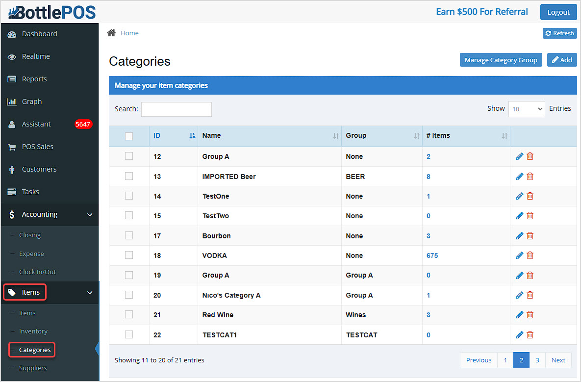 Image showing the Categories page of the Bottle POS Admin app.