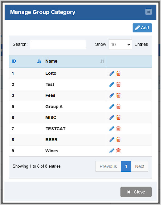 Image showing the Manage Group Category window of the Bottle POS Admin app.