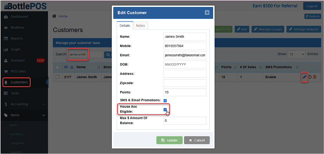 Image showing the Edit Customer window of the Customers page of the BottlePOS system with key features highlighted.