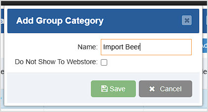 Image showing the Add Group Category window of the Bottle POS Admin app.