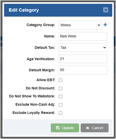 Image showing the Edit Category window of the Bottle POS Admin app.