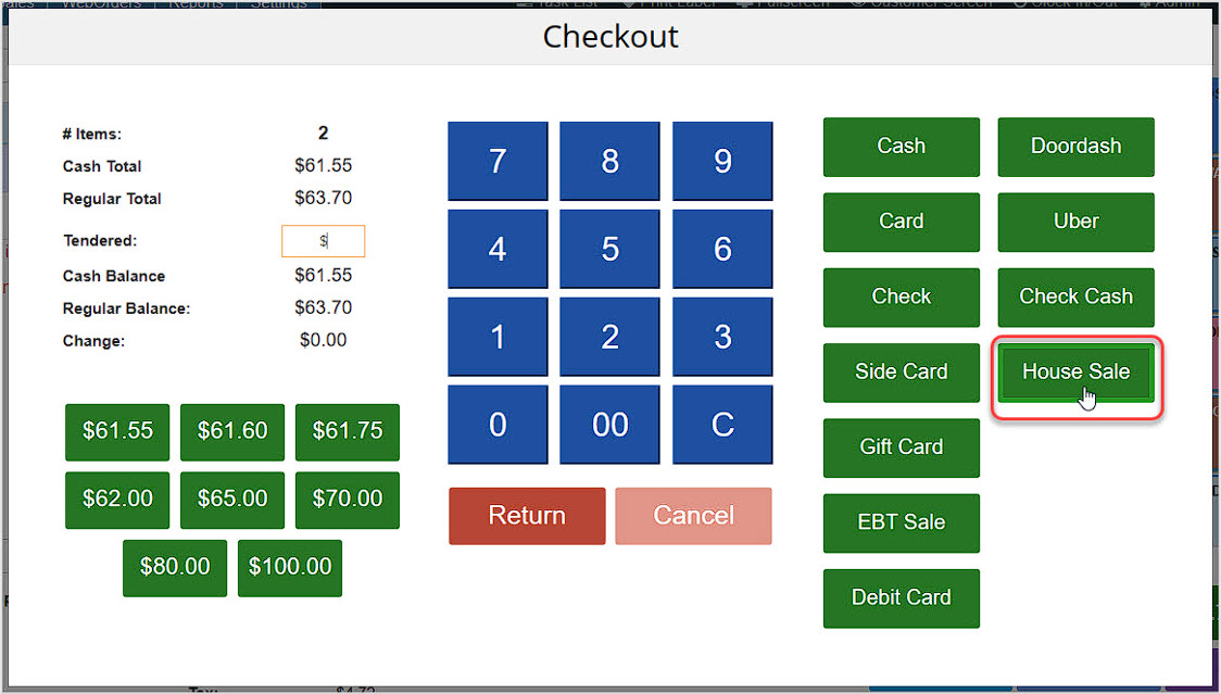 Image showing the Checkout window of the BottlePOS system with the House Sale button highlighted.