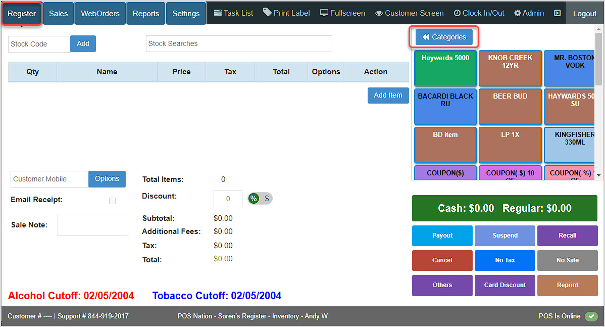 Image showing the Bottle POS Register with the Categories button in the upper right highlighted.