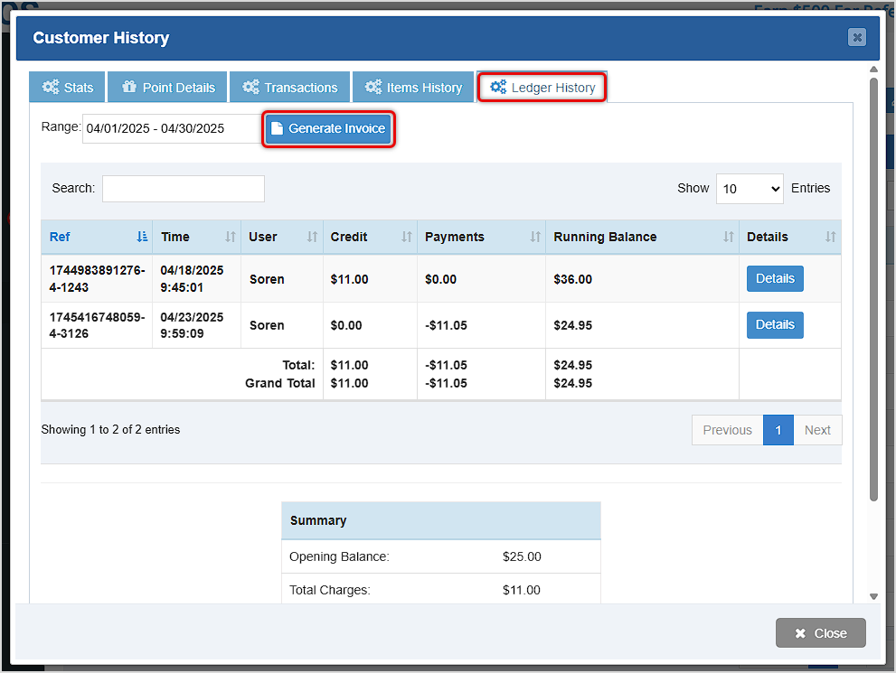 Image showing the Ledger History tab of the Customer History window of the BottlePOS system with key features highlighted.