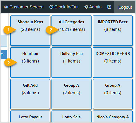 Image showing the automated Category Shortcut buttons of the Bottle POS Register app.
