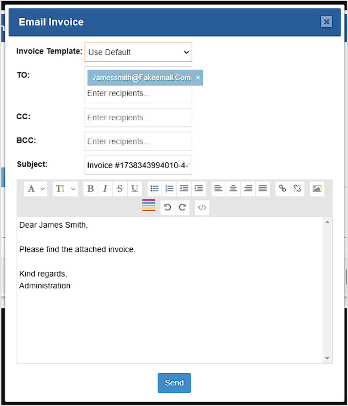 Image showing the Email Invoice window BottlePOS system with key features highlighted.