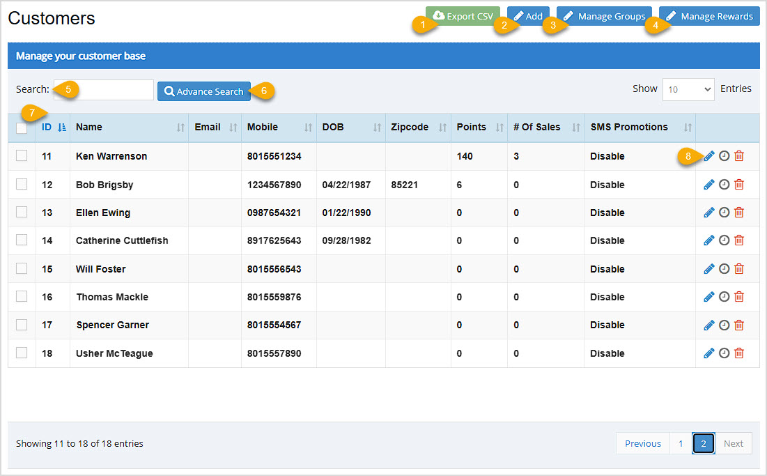 Image showing the Customers area of the Bottle POS Admin app's main menu with key functions highlighted.