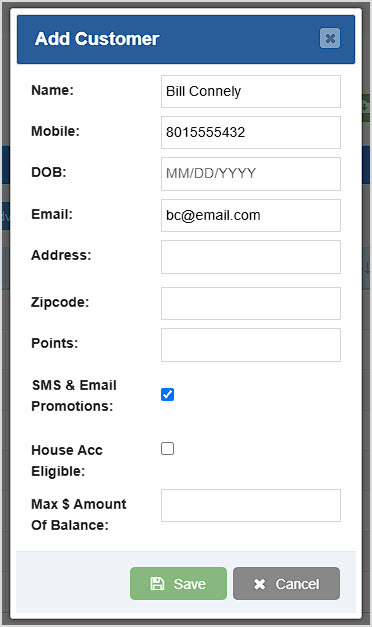 Image showing the Add Customer window of the Bottle POS Admin Customers page.