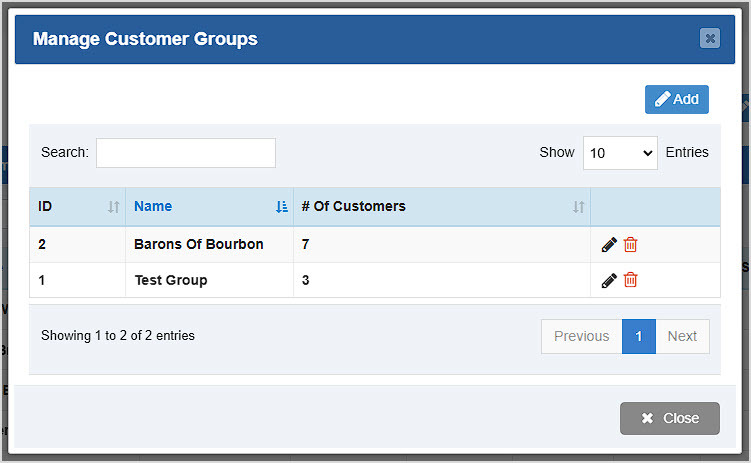 Image showing the Manage Customer Groups window of the Bottle POS Admin Customers page.
