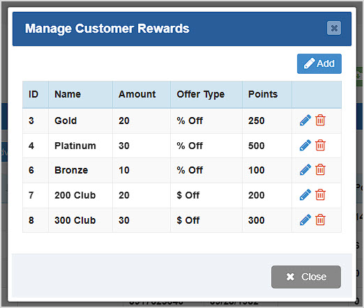 Image showing the Manage Customer Rewards window of the Bottle POS Admin Customers page.