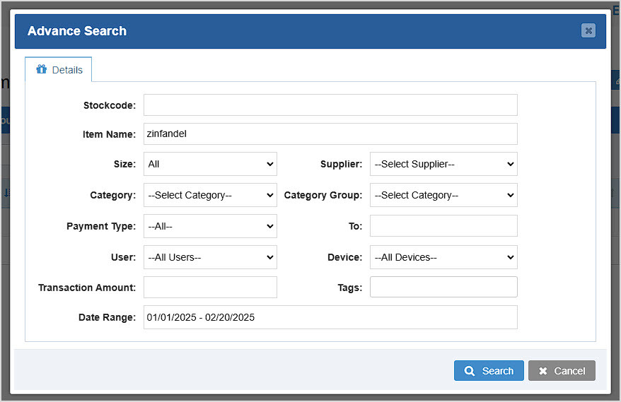 Image showing the Advance Search window of the Bottle POS Admin Customers page.