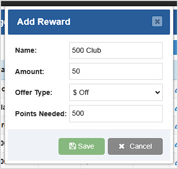 Image showing the Add Reward window of the Bottle POS Admin Customers page.