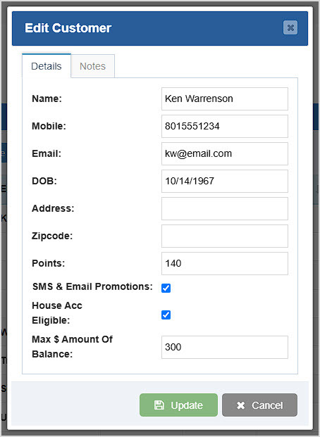 Image showing the Edit Customer window of the Bottle POS Admin Customers page.