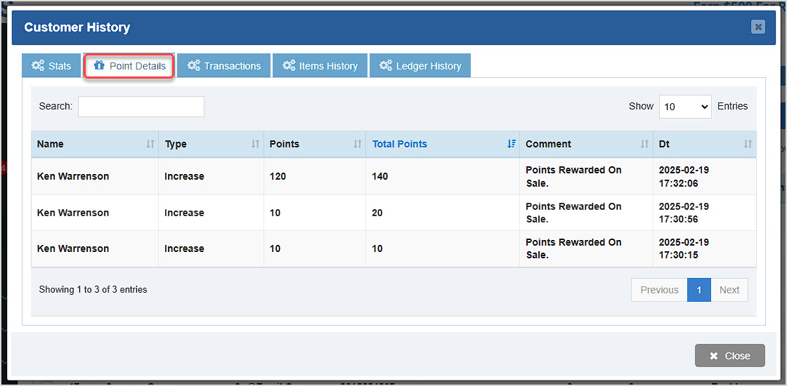 Image showing the Point Details tab of the Customer History window of the Bottle POS Admin Customers page.